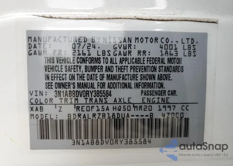 2024 Nissan Sentra Sr из США, поврежденный, VIN 3N1AB8DV0RY385584